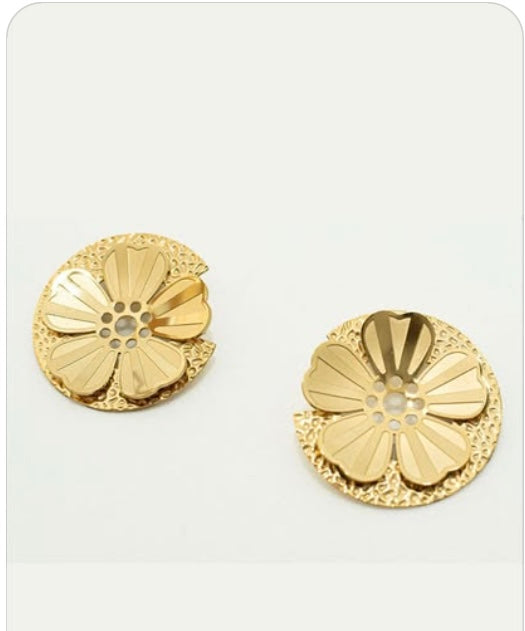 Gold floral earrings on a white card