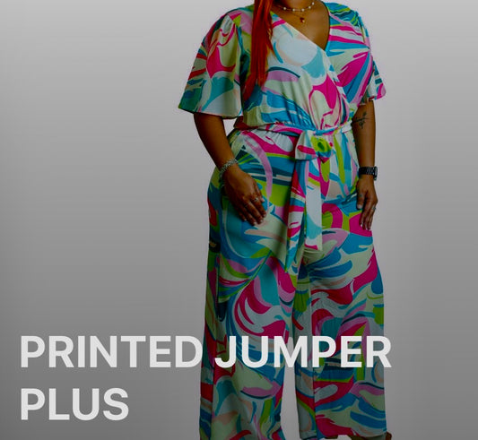 Colorful printed jumper with a gray background and text 'Printed Jumper Plus'.